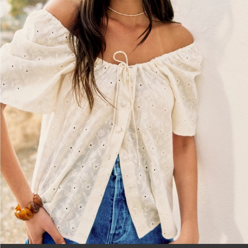 Sezane Vikaly Blouse Embroidered Cream - Size 8
